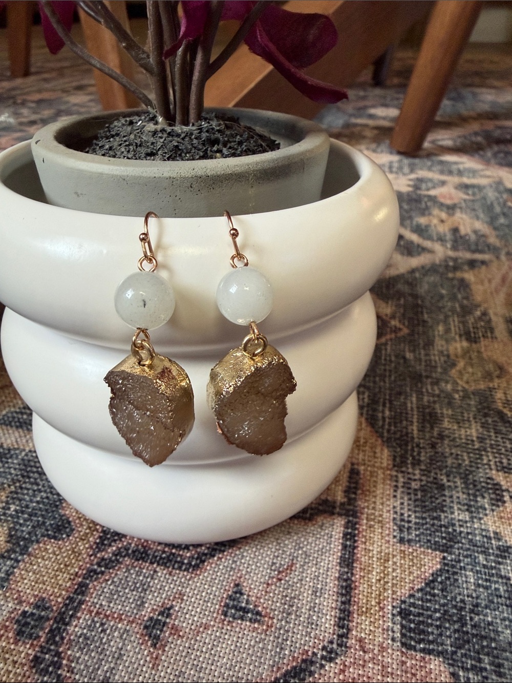 Gold-Edged Brown Druzy Drop Earrings with White Bead